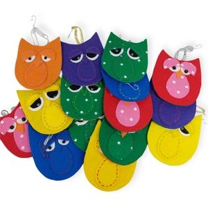 Felt Owl Ornaments Lot of 15 HANDMADE Double-sided Colorful Unique